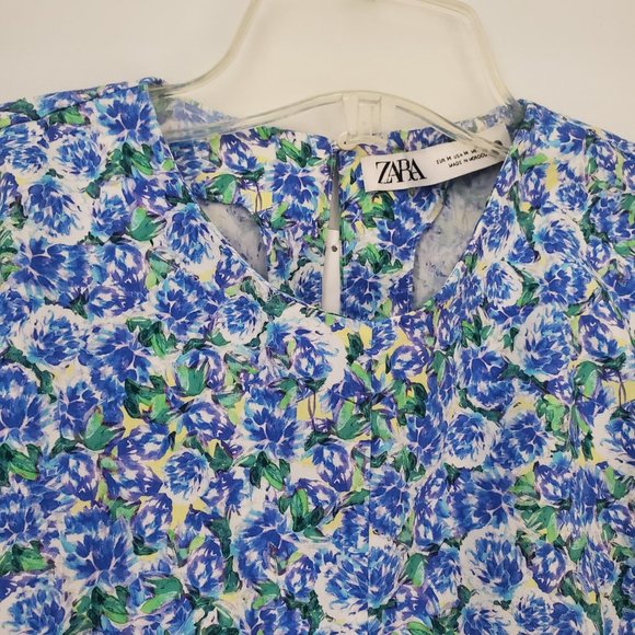ZARA Floral Long Sleeve Top Blouse Artsy Ruched Design Blue & Green Fall Winter - Picture 2 of 7